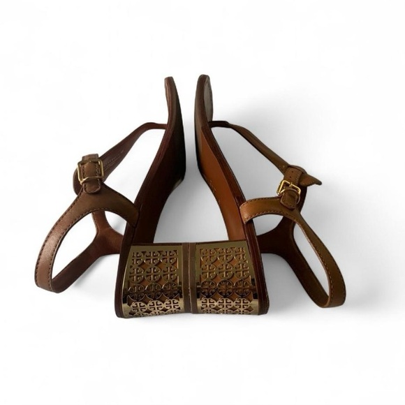 Tory Burch metal logo strap leather sandals size 9.5 brown summer block heel - Picture 7 of 11